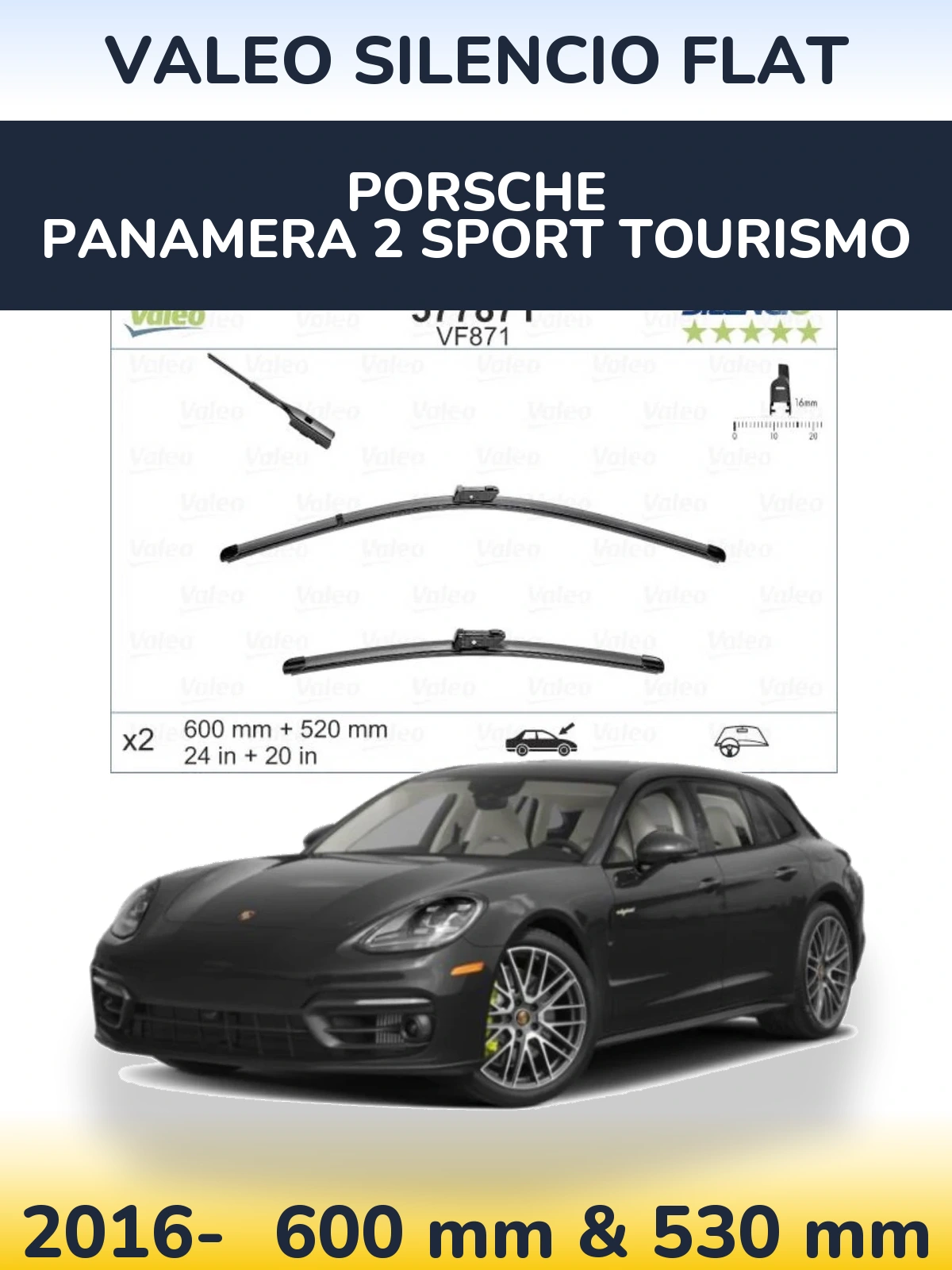 Front wiper blade set Valeo Silencio Flat 600 & 520 mm for Porsche Panamera 2 Sport Tourismo 2016-2026