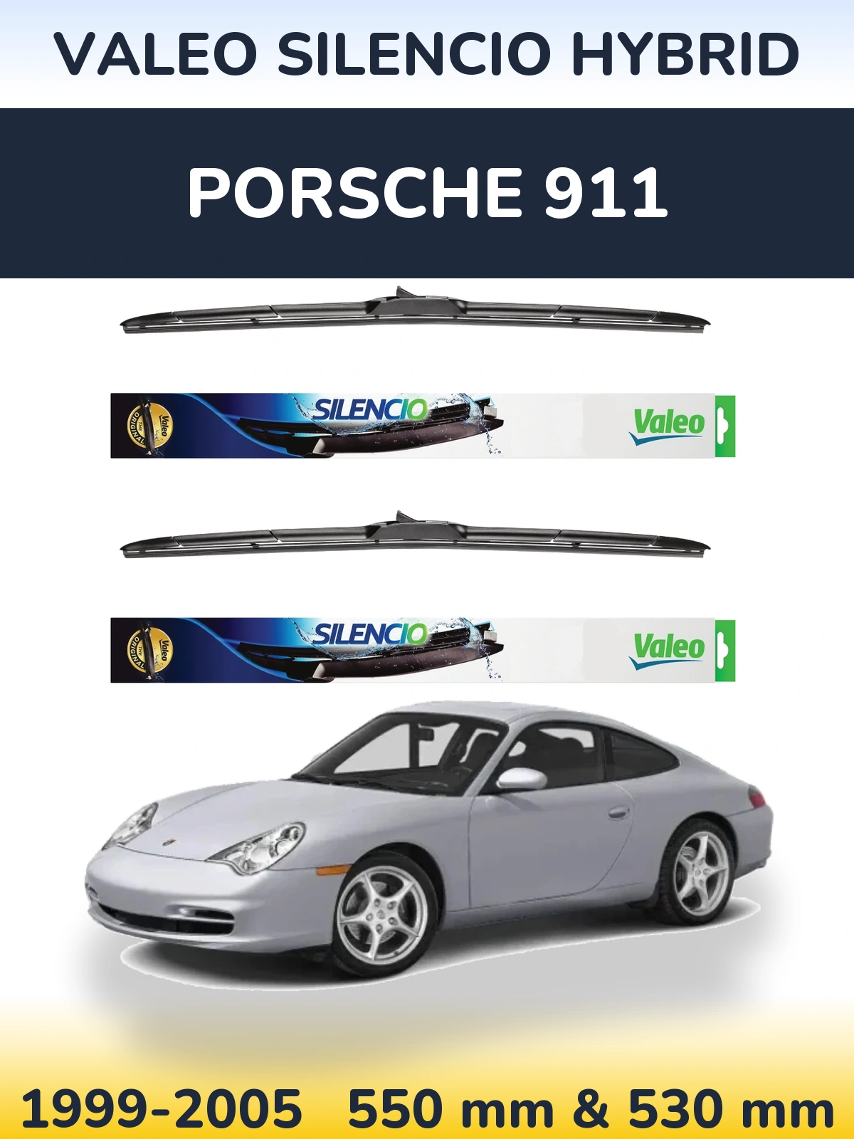 Front wiper blade set Valeo Silencio Hybrid 550 & 530 mm for Porsche 911 1999-2005