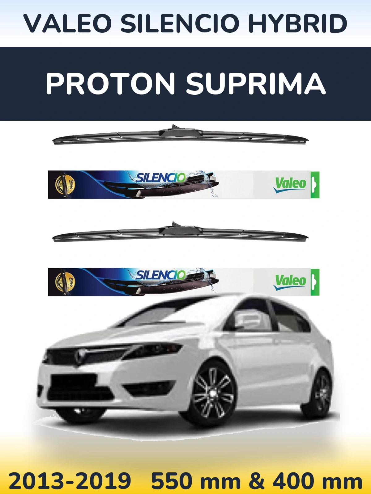 Front wiper blade set Valeo Silencio Hybrid 550 & 400 mm for Proton Suprima 2013-2019