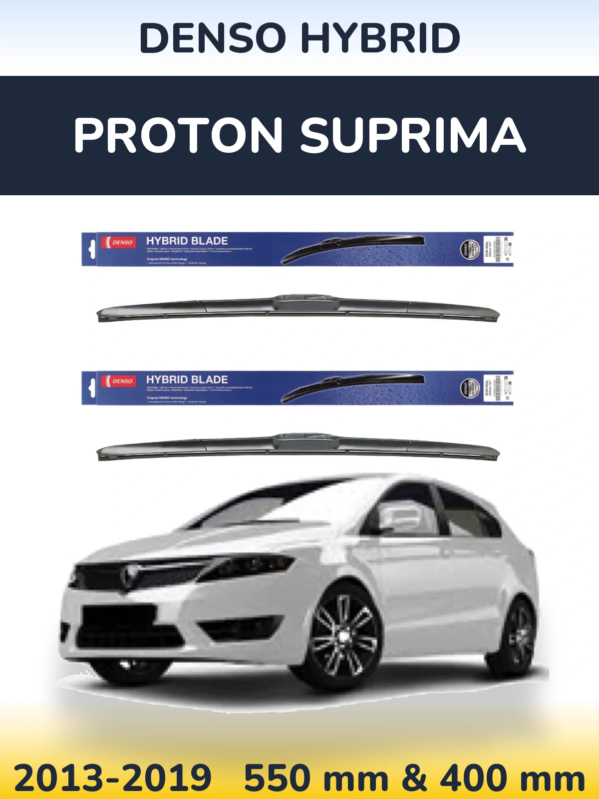 Front wiper blade set Denso Hybrid 550 & 400 mm for Proton Suprima 2013-2019