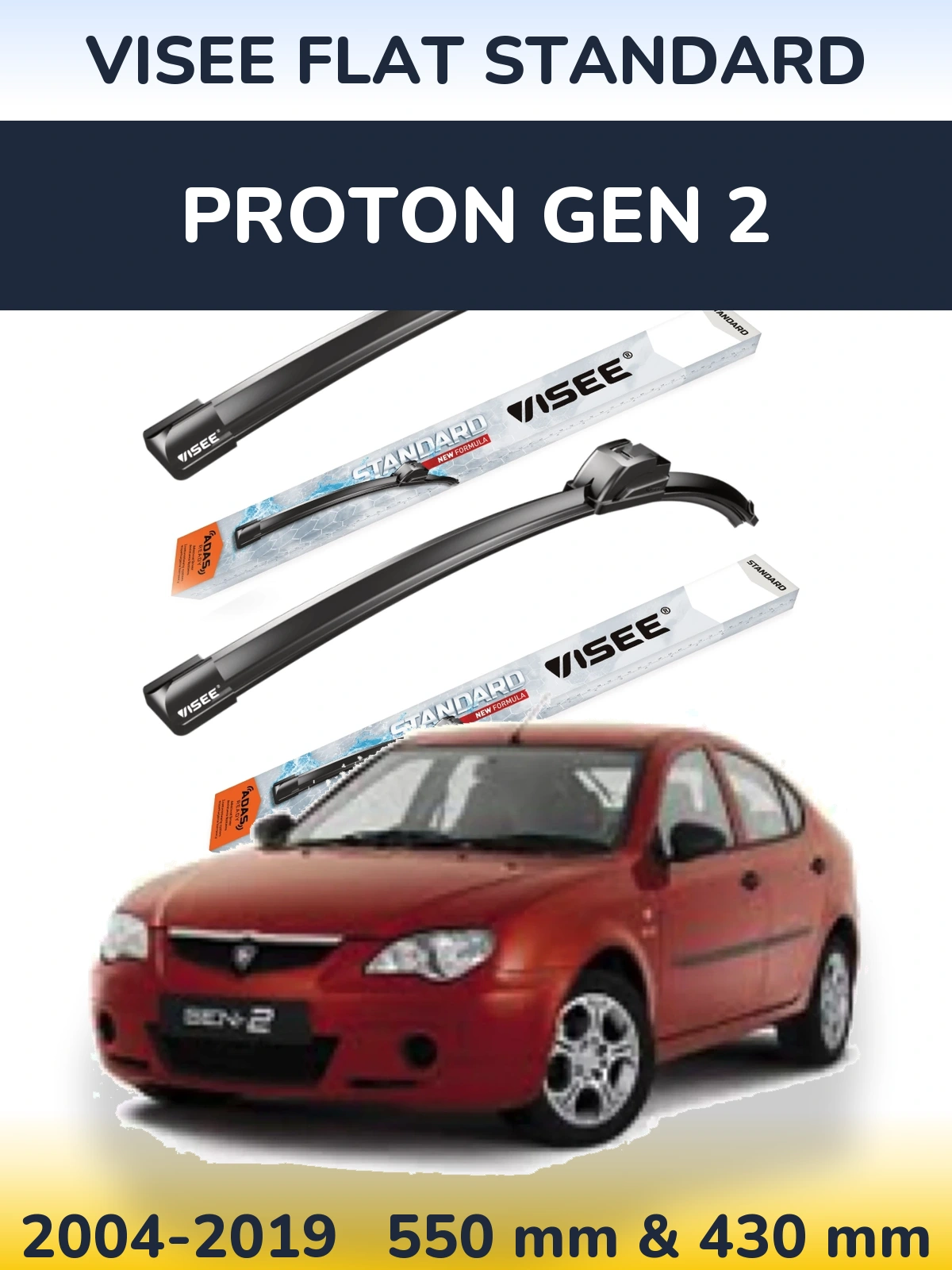 Front wiper blade set VISEE FLAT STANDARD 550 & 430 mm for Proton Gen 2 2004-2019
