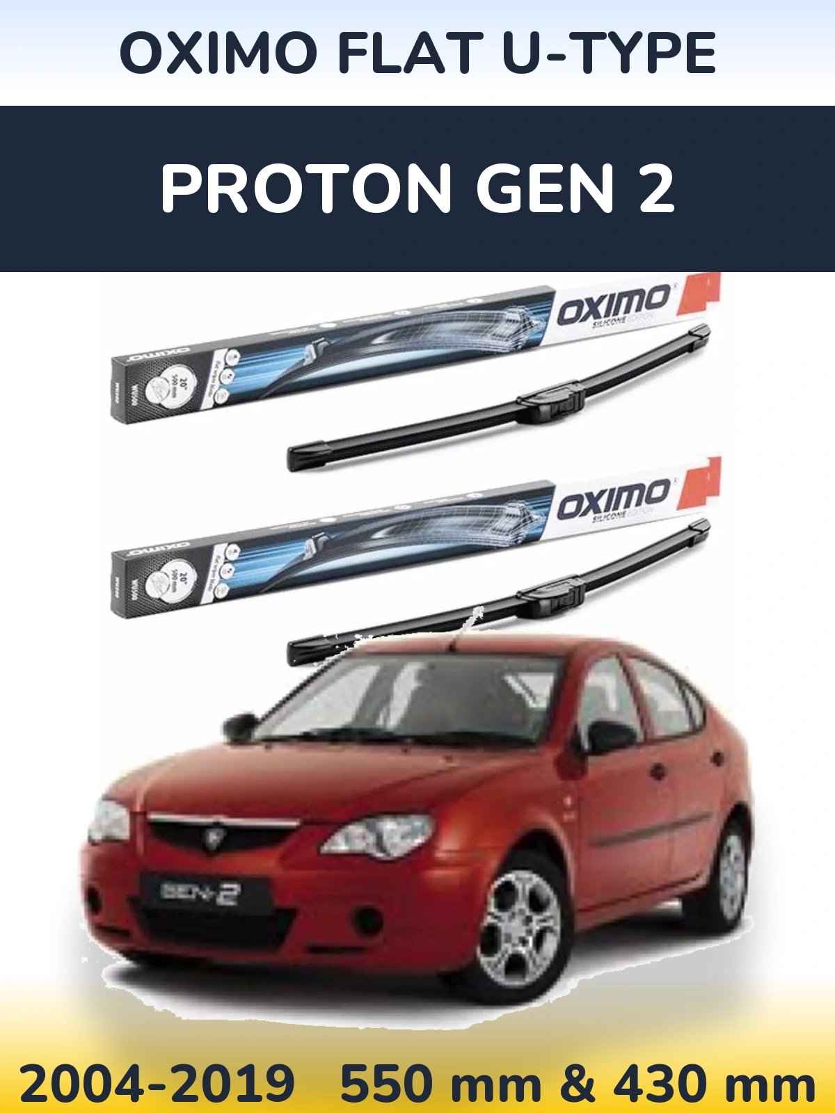 Front wiper blade set Oximo Flat U-type 550 & 430 mm for Proton Gen 2 2004-2019