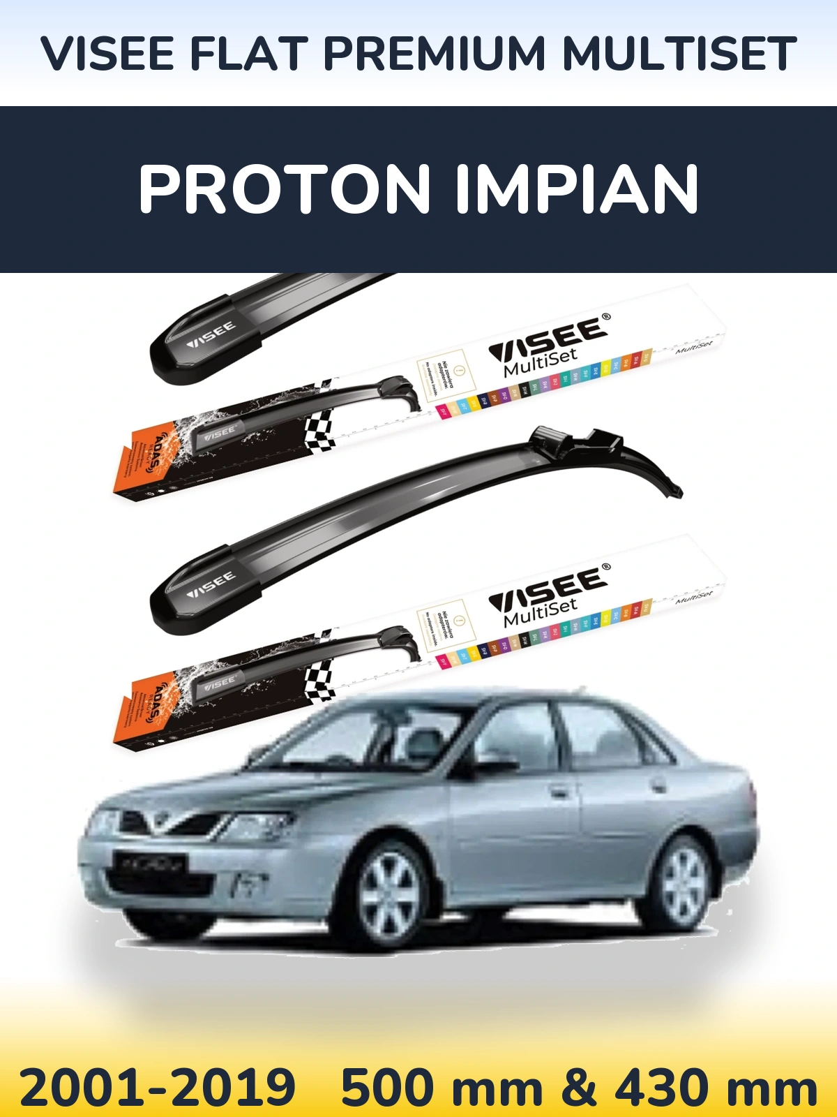 Front wiper blade set VISEE FLAT PREMIUM MultiSet 500 & 430 mm for Proton Impian 2001-2019