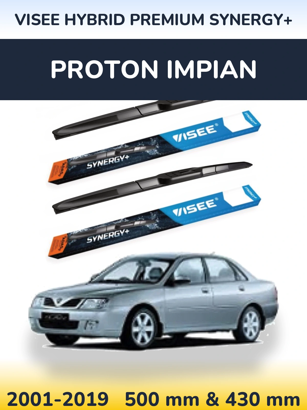 Front wiper blade set VISEE HYBRID PREMIUM SYNERGY+ 500 & 430 mm for Proton Impian 2001-2019