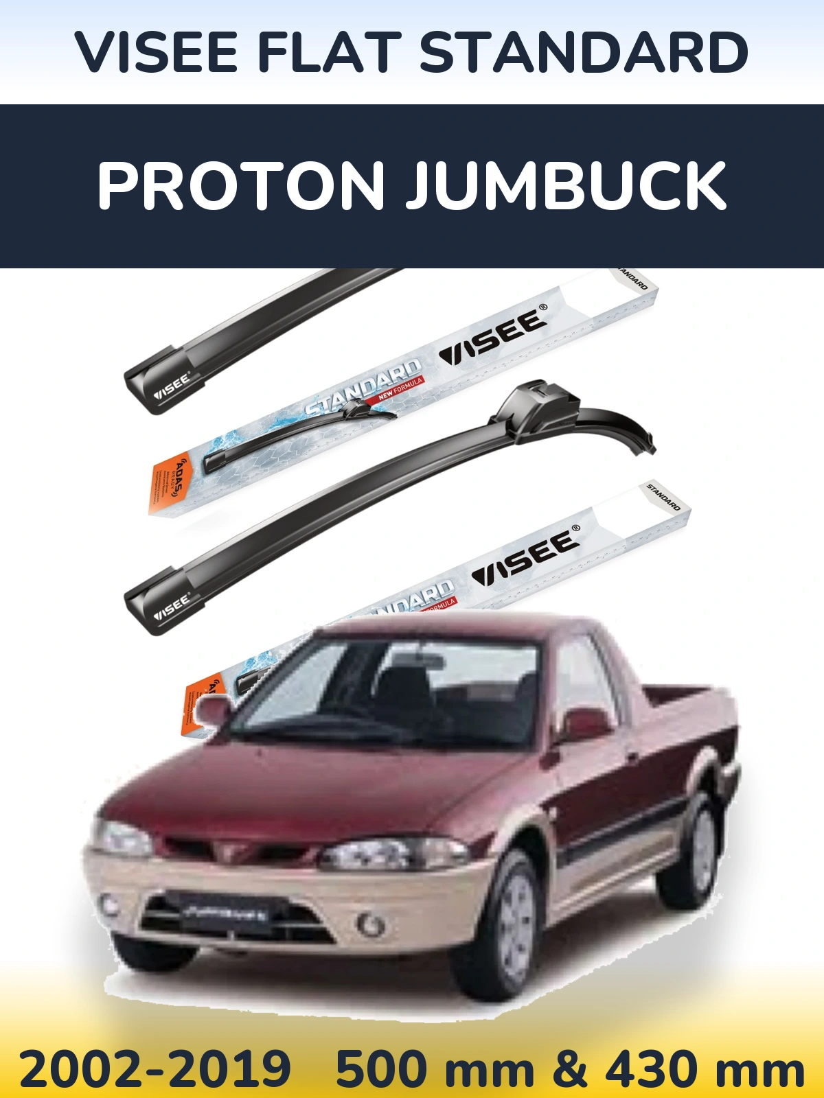 Front wiper blade set VISEE FLAT STANDARD 500 & 430 mm for Proton Jumbuck 2002-2019