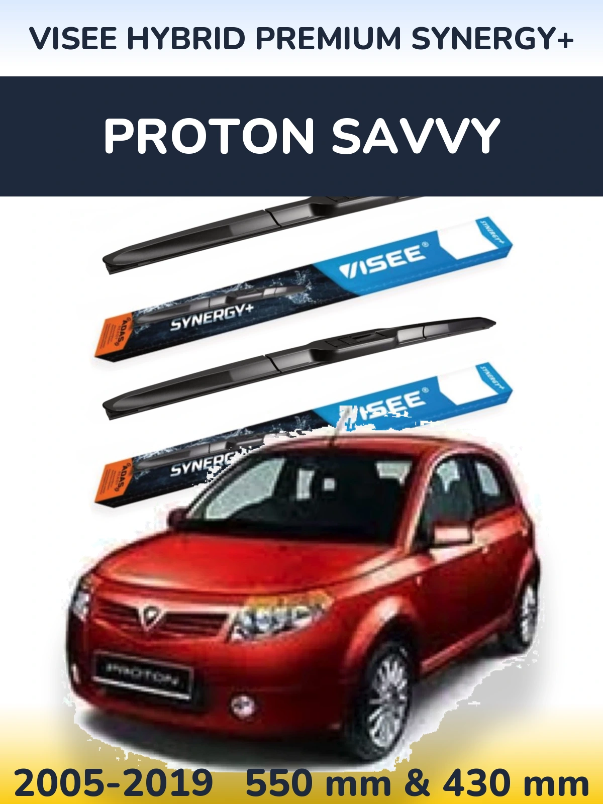 Front wiper blade set VISEE HYBRID PREMIUM SYNERGY+ 550 & 430 mm for Proton Savvy 2005-2019