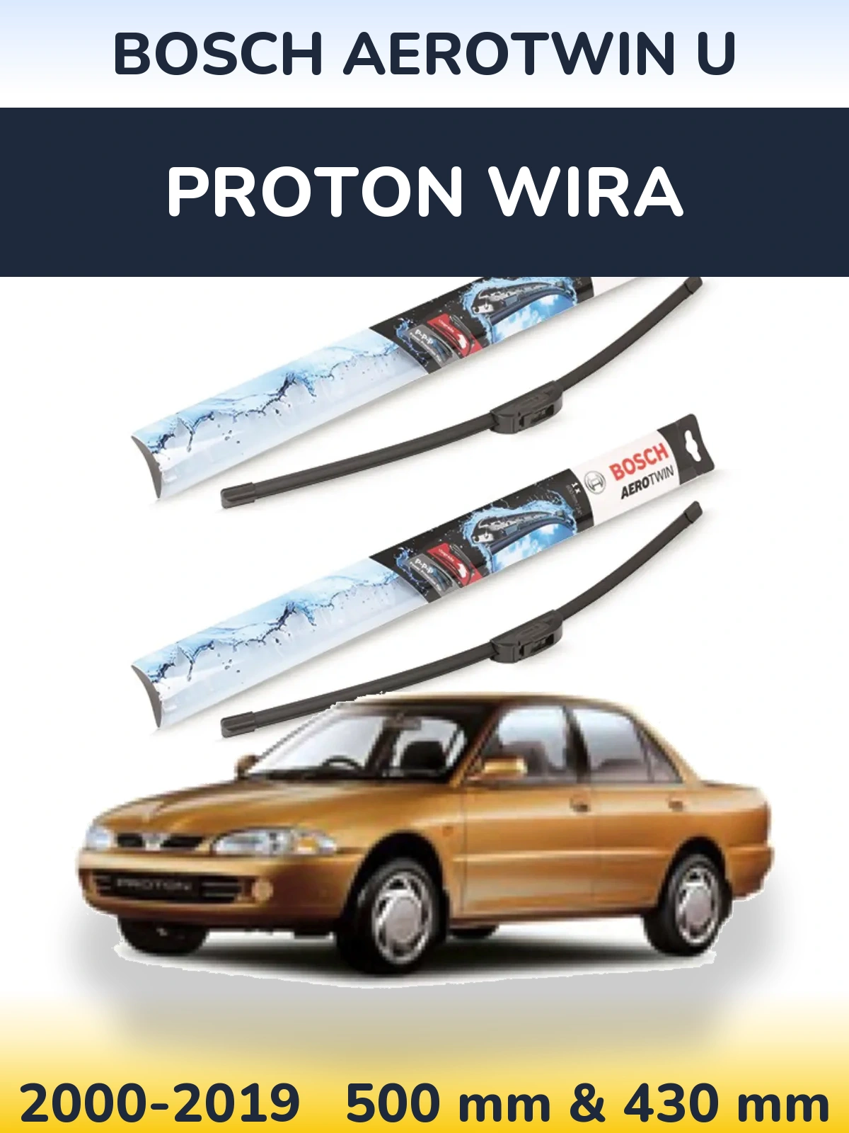 Front wiper blade set BOSCH AeroTwin U 500 & 430 mm for Proton Wira 2000-2019