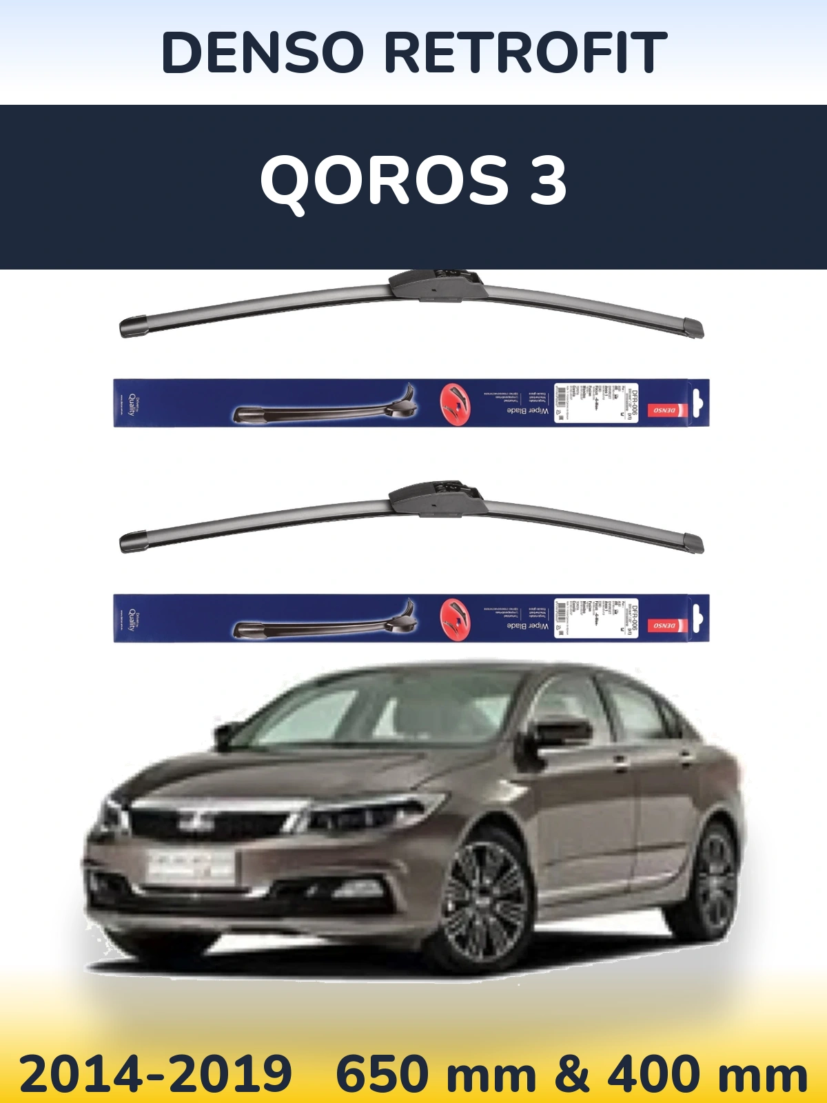 Front wiper blade set Denso Retrofit 650 & 400 mm for Qoros 3 2014-2019