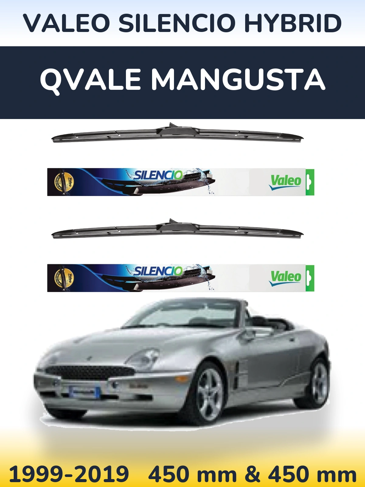 Front wiper blade set Valeo Silencio Hybrid 450 & 450 mm for Qvale Mangusta 1999-2019