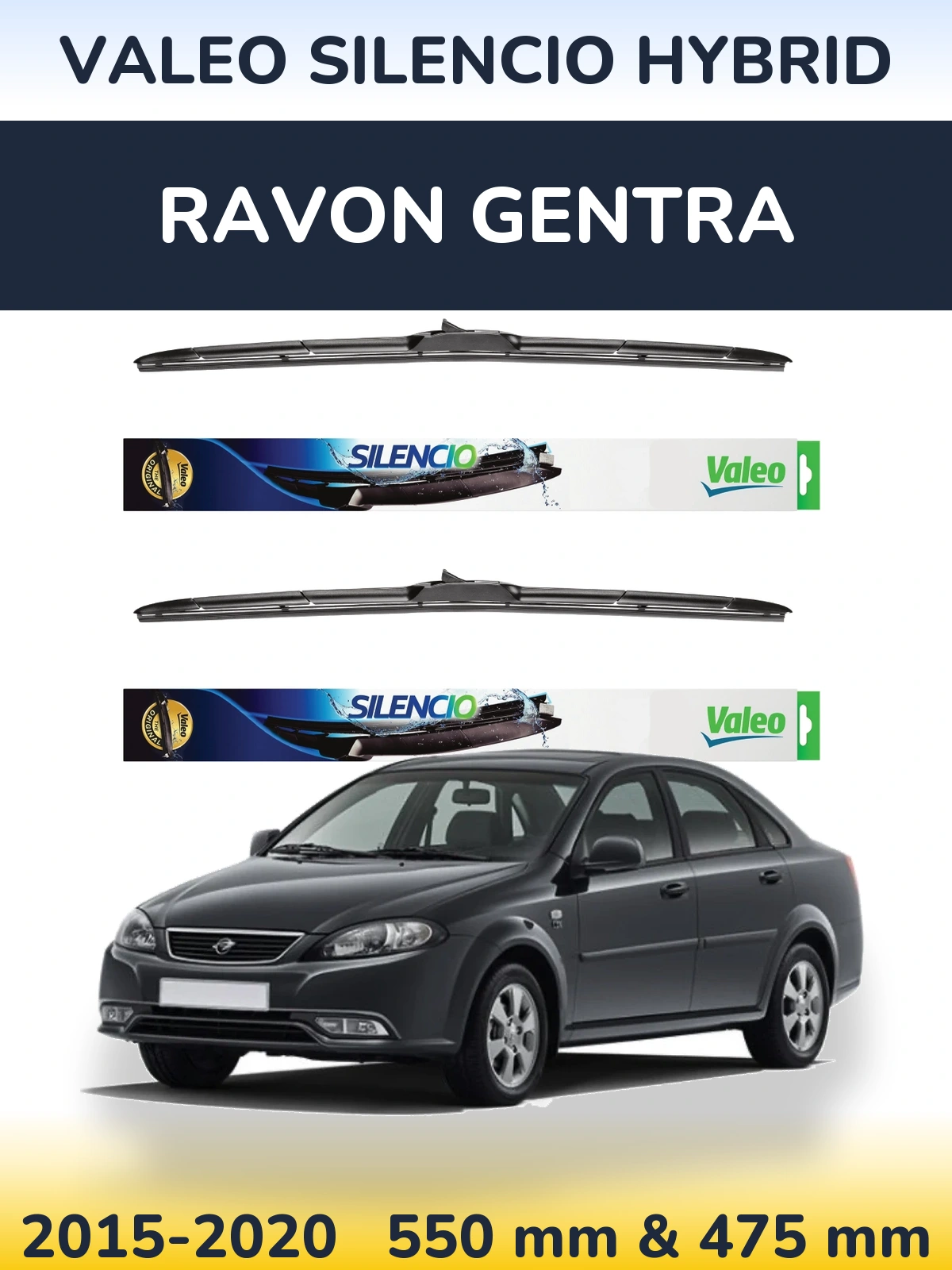 Front wiper blade set Valeo Silencio Hybrid 550 & 475 mm for Ravon Gentra 2015-2020
