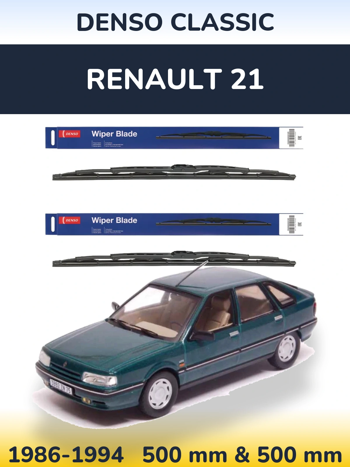 Front wiper blade set Denso Classic 500 & 500 mm for Renault 21 1986-1994