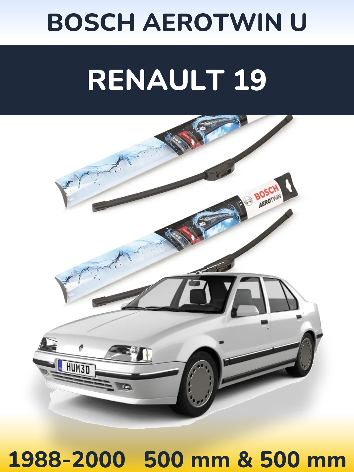 Front wiper blade set BOSCH AeroTwin U 500 & 500 mm for Renault 19 1988-2000