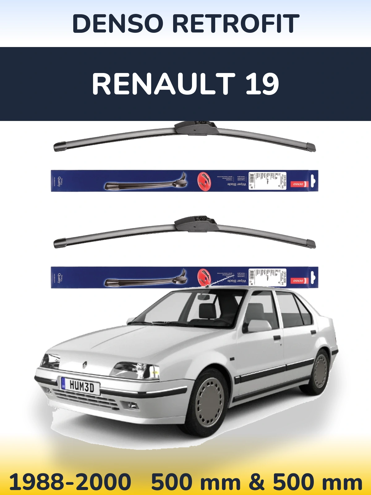 Front wiper blade set Denso Retrofit 500 & 500 mm for Renault 19 1988-2000