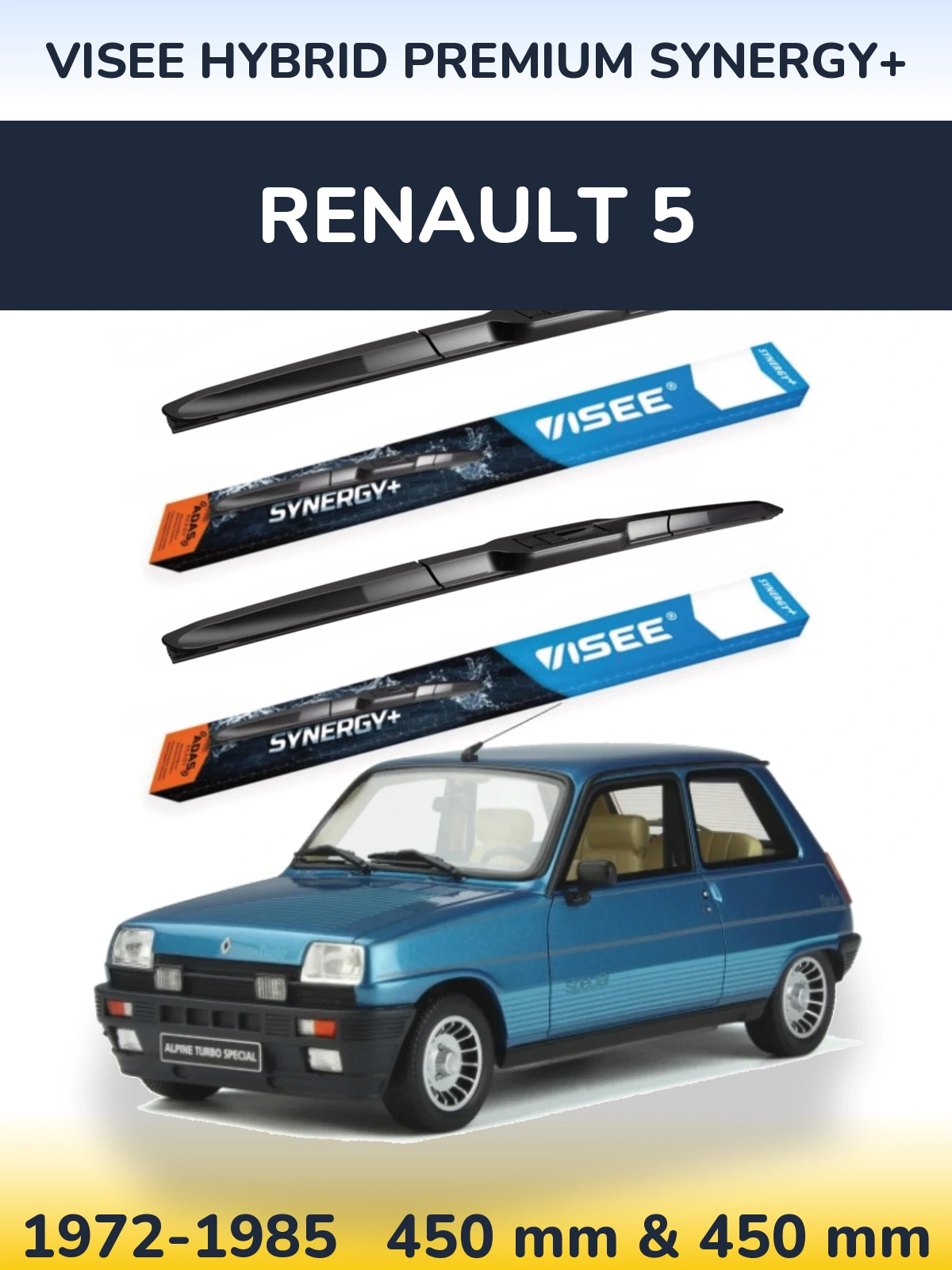 Front wiper blade set VISEE HYBRID PREMIUM SYNERGY+ 450 & 450 mm for Renault 5 1972-1985