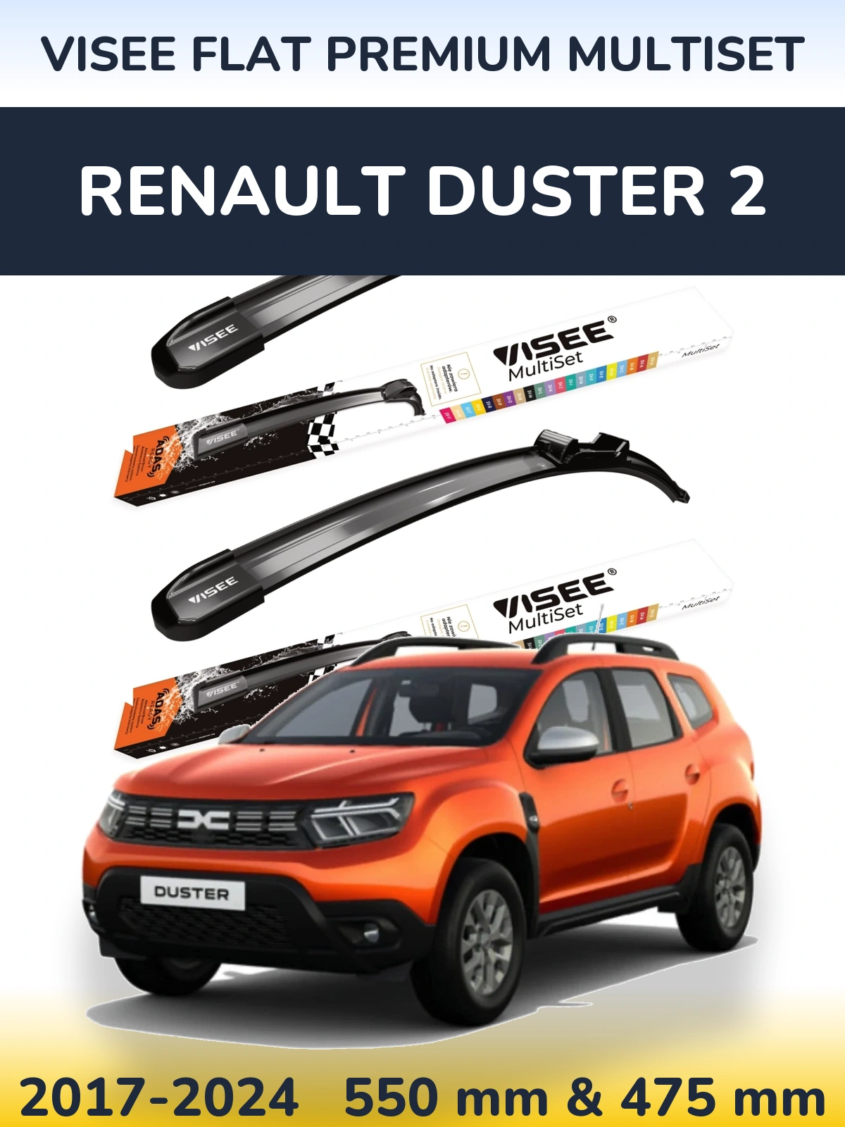 Front wiper blade set VISEE FLAT PREMIUM MultiSet 550 & 475 mm for Renault Duster 2 2017-2024