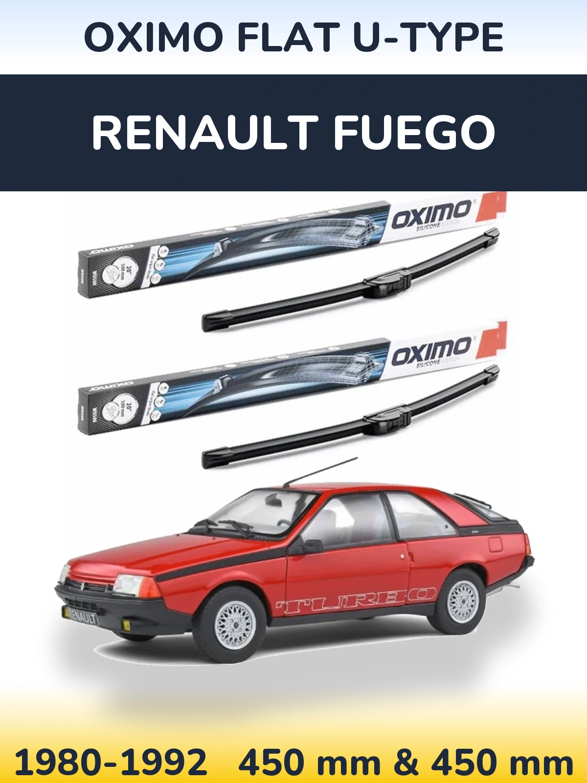 Front wiper blade set Oximo Flat U-type 450 & 450 mm for Renault Fuego 1980-1992
