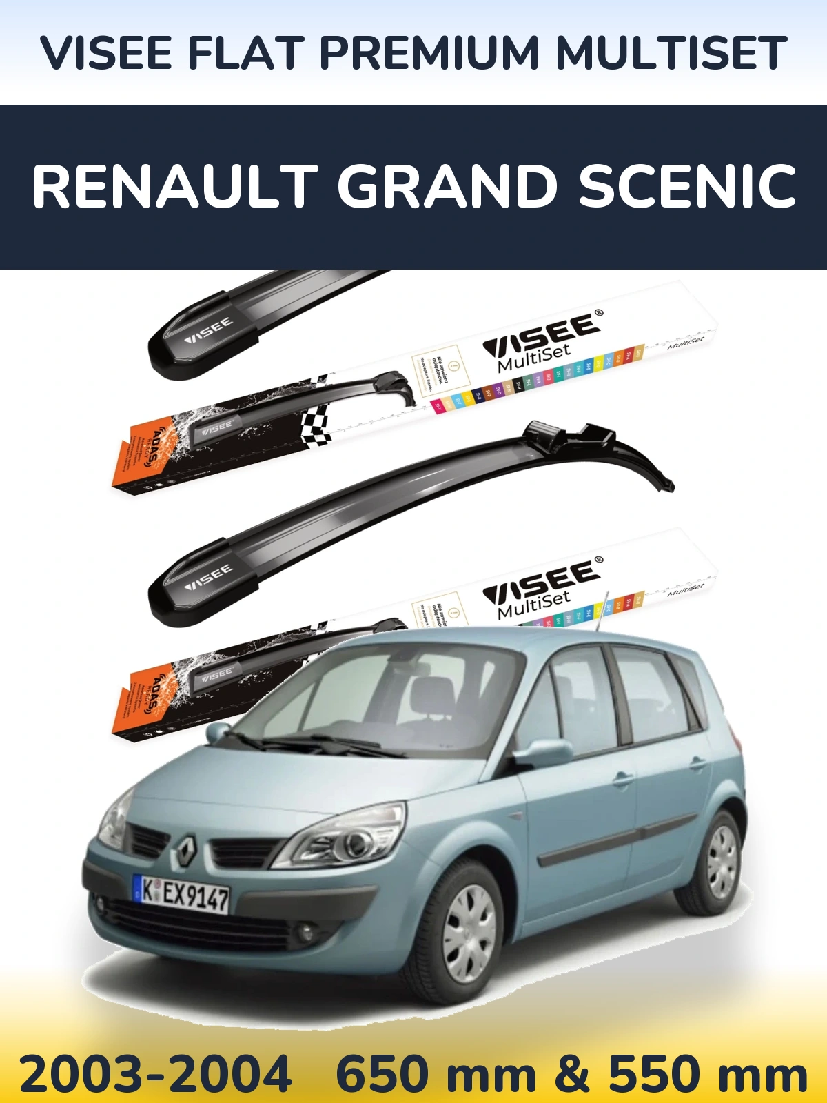 Front wiper blade set VISEE FLAT PREMIUM MultiSet 650 & 550 mm for Renault Grand Scenic 2003-2004