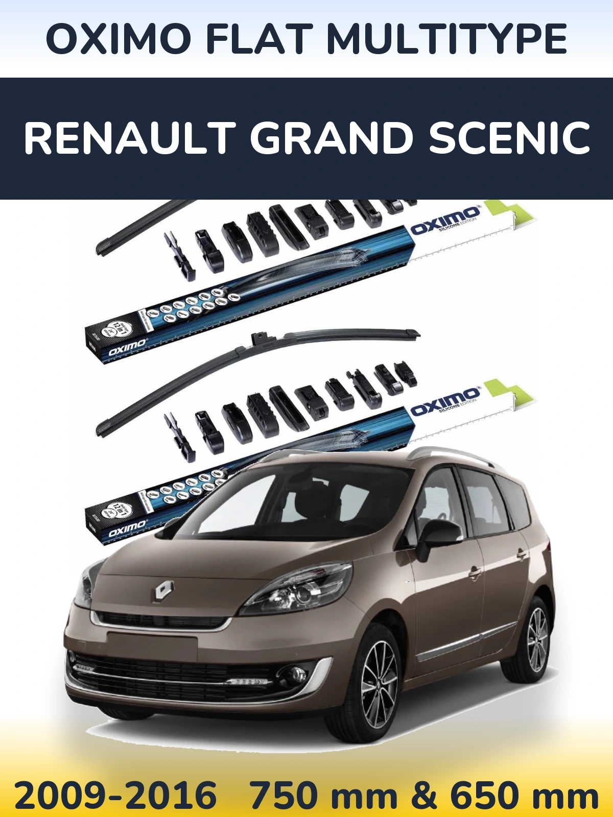 Front wiper blade set Oximo Flat MultiTipoe 750 & 650 mm for Renault Grand Scenic 2009-2016