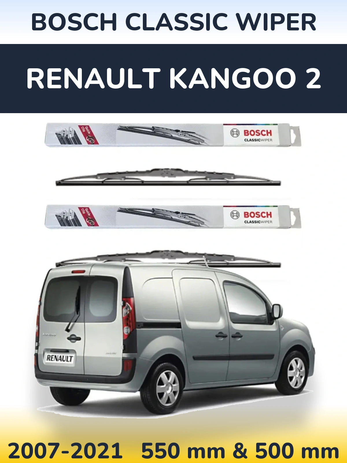 Front wiper blade set BOSCH Classic Wiper 550 & 500 mm for Renault Kangoo 2 2007-2021