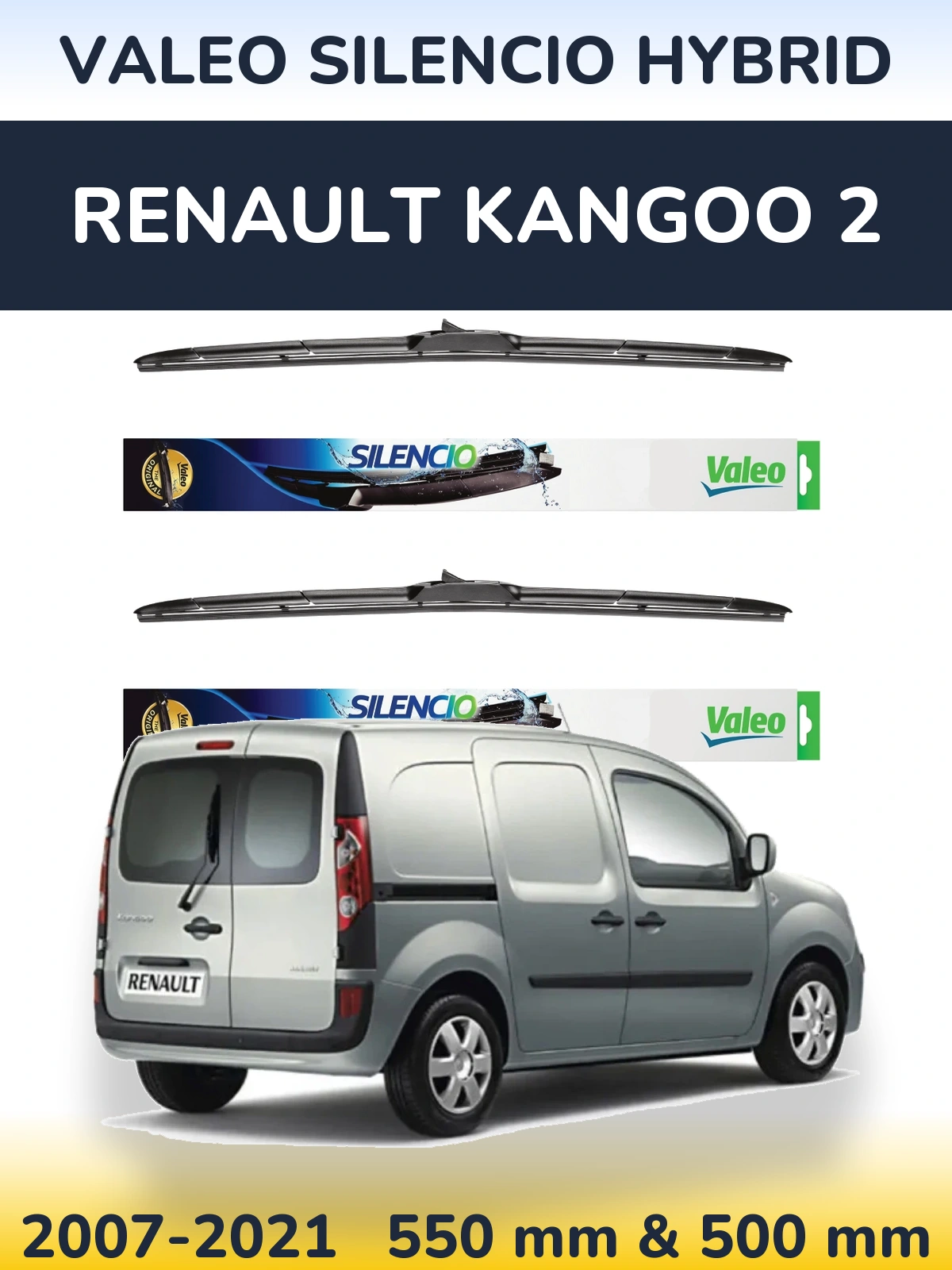 Front wiper blade set Valeo Silencio Hybrid 550 & 500 mm for Renault Kangoo 2 2007-2021