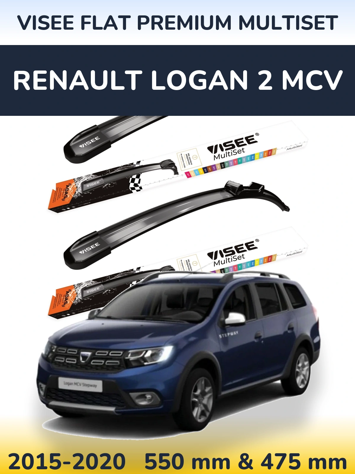 Front wiper blade set VISEE FLAT PREMIUM MultiSet 550 & 475 mm for Renault Logan 2 MCV 2015-2020