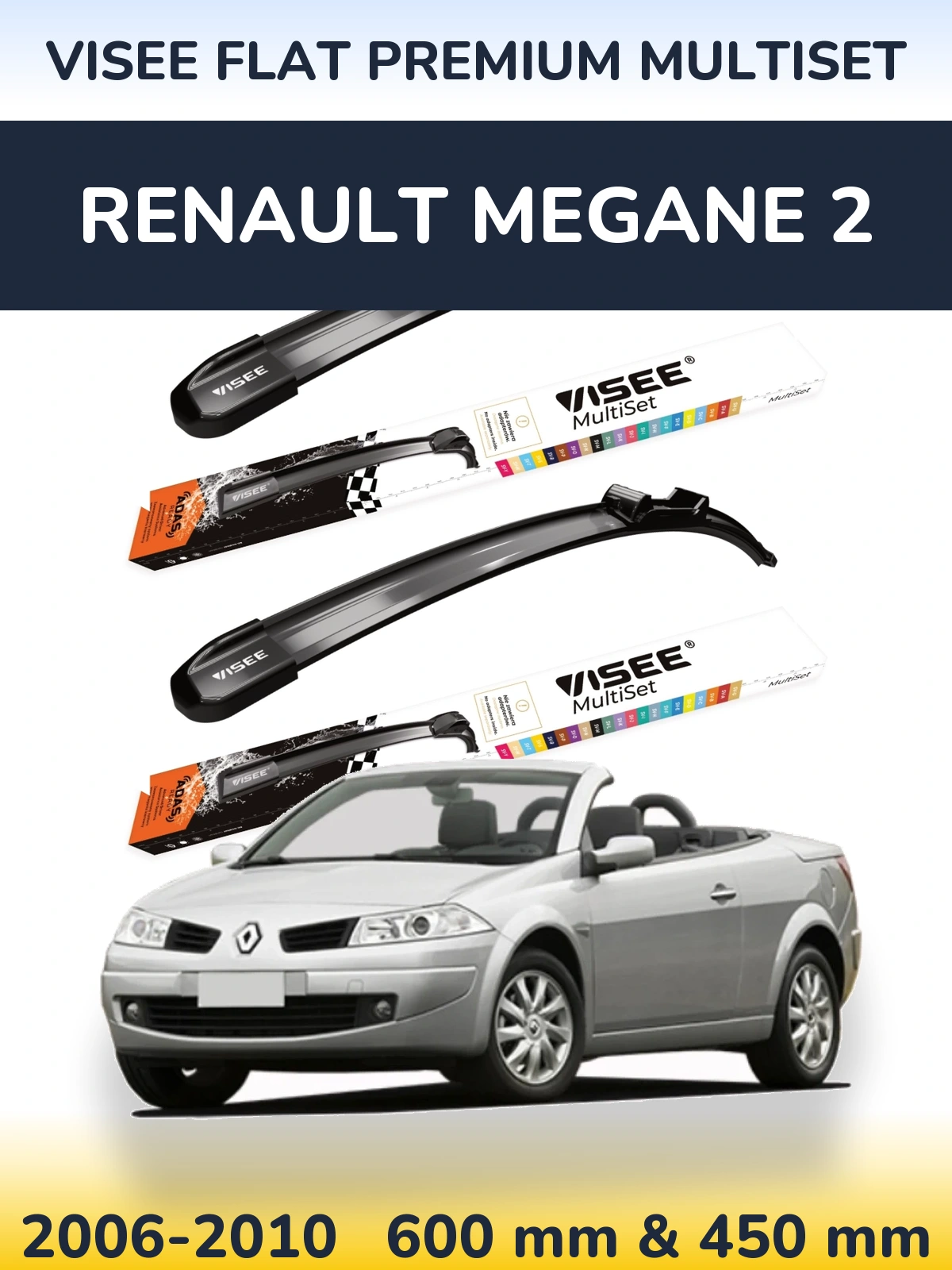 Front wiper blade set VISEE FLAT PREMIUM MultiSet 600 & 450 mm for Renault Megane 2 2006-2010