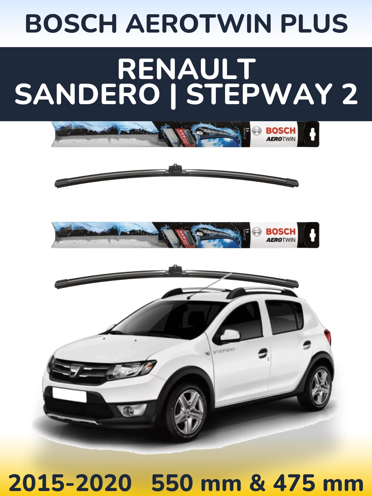 Комплект передніх щіток BOSCH AeroTwin Plus 550 & 475 мм для Renault Sandero | Stepway 2 2015-2020