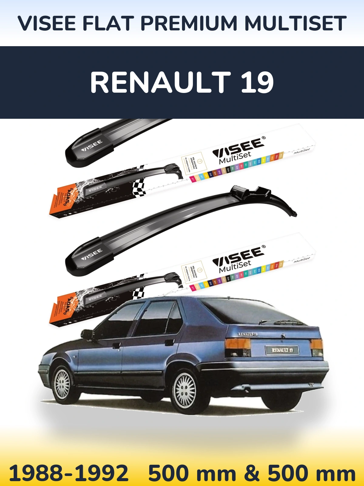 Front wiper blade set VISEE FLAT PREMIUM MultiSet 500 & 500 mm for Renault 19 1988-1992