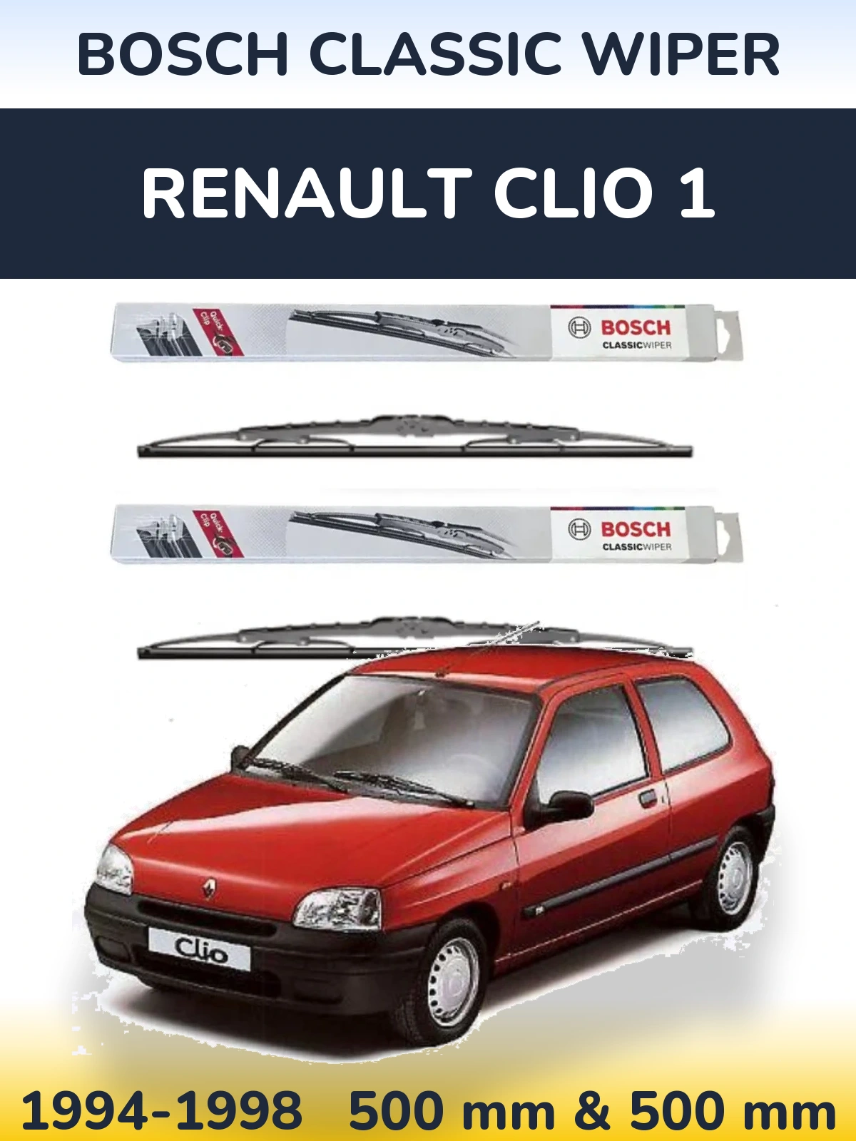 Front wiper blade set BOSCH Classic Wiper 500 & 500 mm for Renault Clio 1 1994-1998
