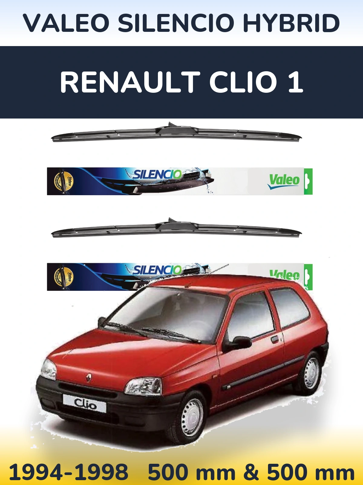 Front wiper blade set Valeo Silencio Hybrid 500 & 500 mm for Renault Clio 1 1994-1998