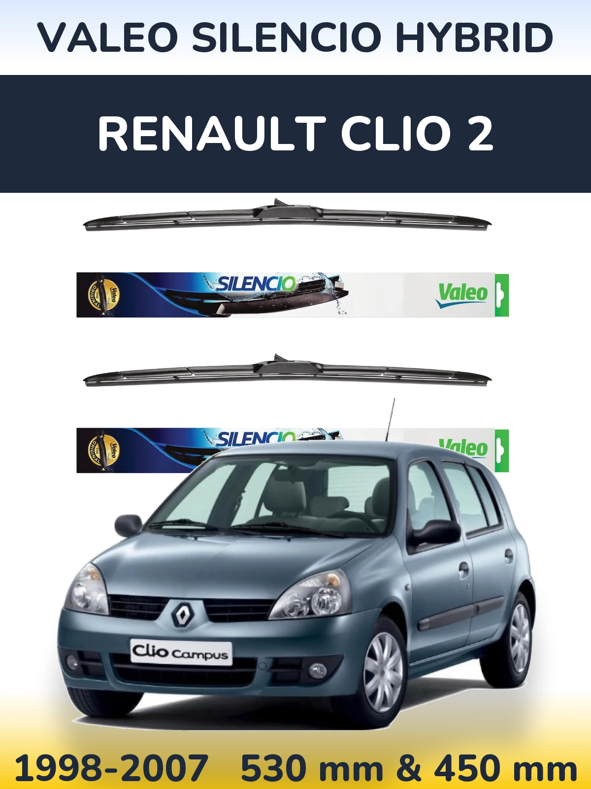 Front wiper blade set Valeo Silencio Hybrid 530 & 450 mm for Renault Clio 2 1998-2007