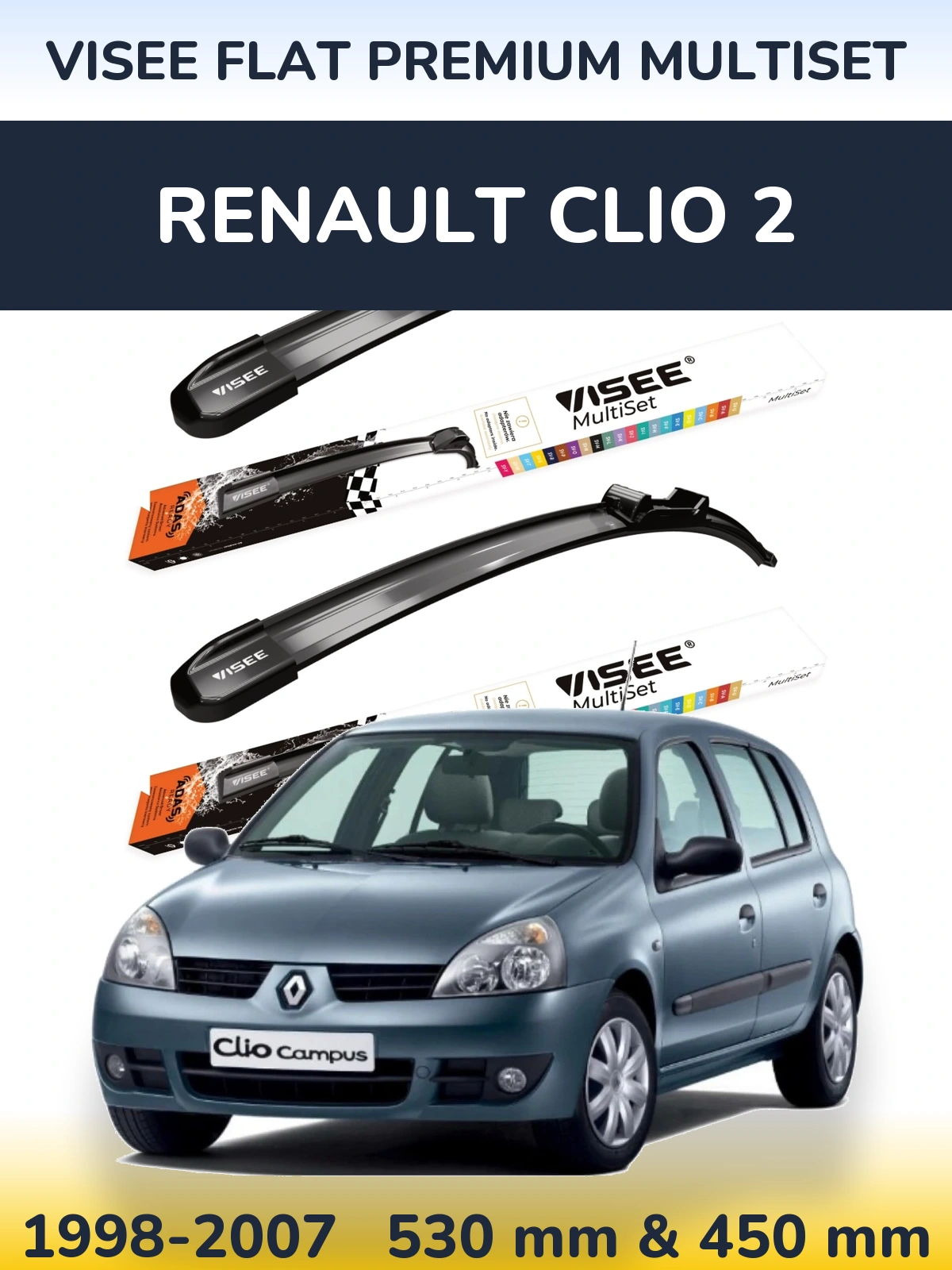 Front wiper blade set VISEE FLAT PREMIUM MultiSet 530 & 450 mm for Renault Clio 2 1998-2007