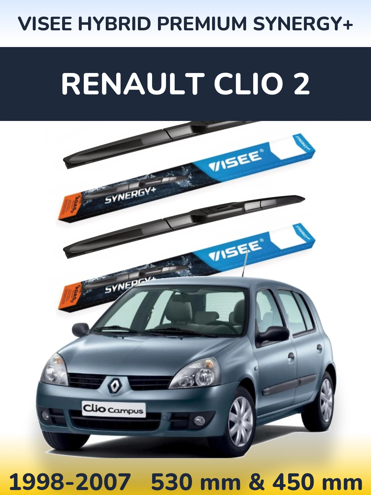 Front wiper blade set VISEE HYBRID PREMIUM SYNERGY+ 530 & 450 mm for Renault Clio 2 1998-2007