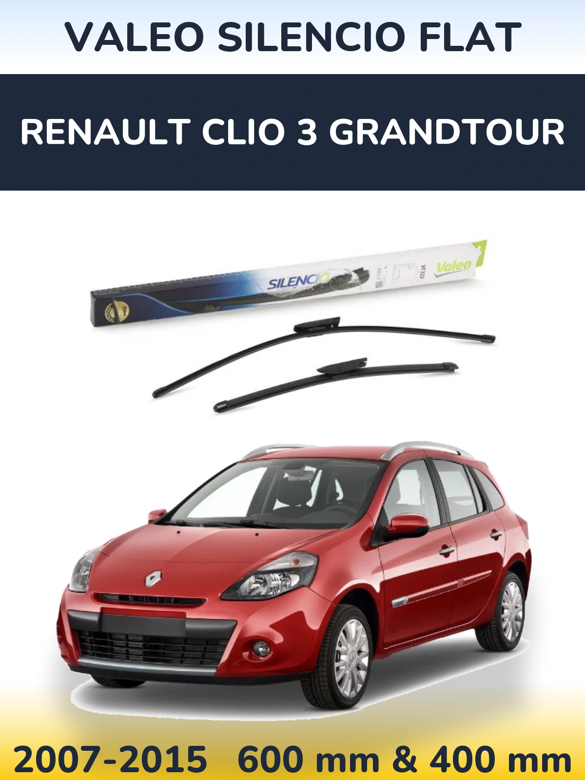 Front wiper blade set Valeo Silencio Flat 600 & 400 mm for Renault Clio 3 Grandtour 2007-2015