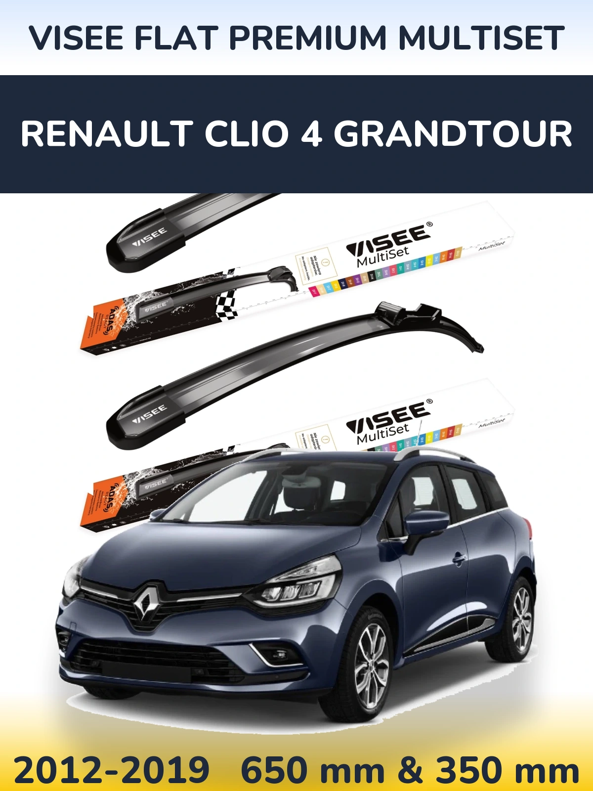Front wiper blade set VISEE FLAT PREMIUM MultiSet 650 & 350 mm for Renault Clio 4 Grandtour 2012-2019