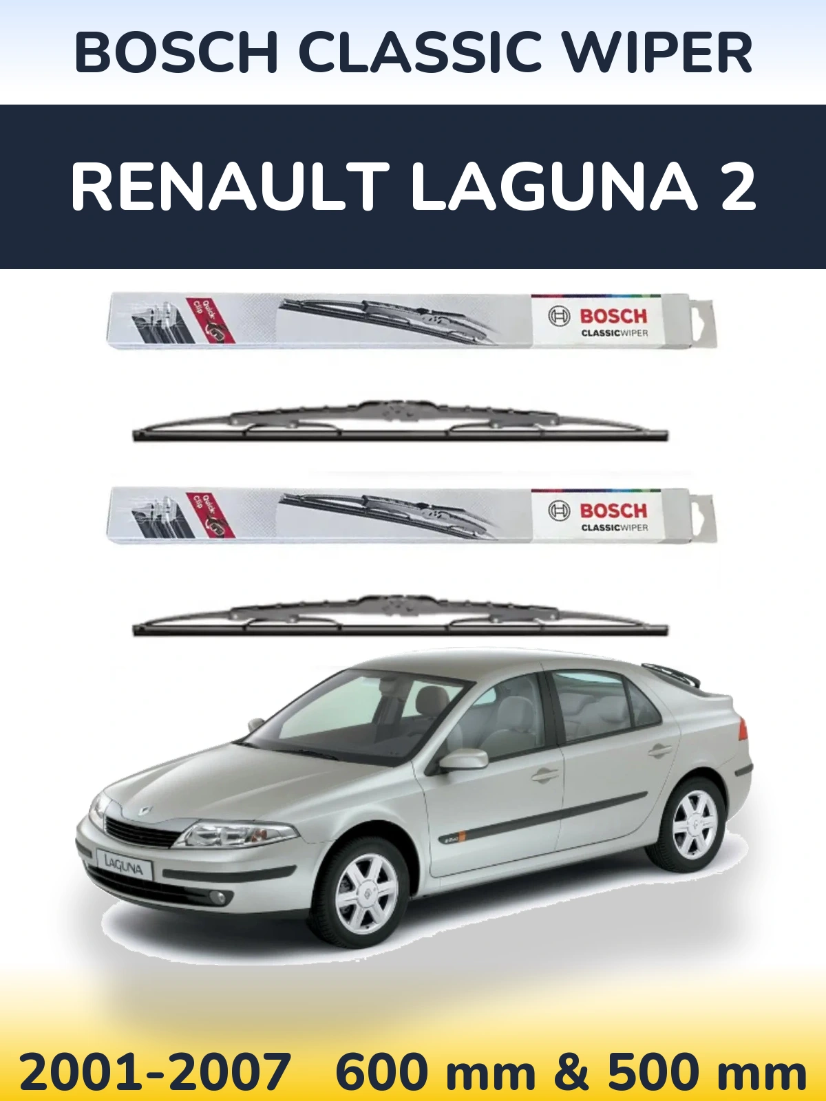 Front wiper blade set BOSCH Classic Wiper 600 & 500 mm for Renault Laguna 2 2001-2007