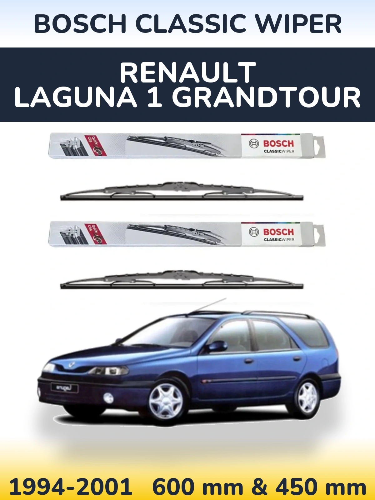 Front wiper blade set BOSCH Classic Wiper 600 & 450 mm for Renault Laguna 1 Grandtour 1994-2001