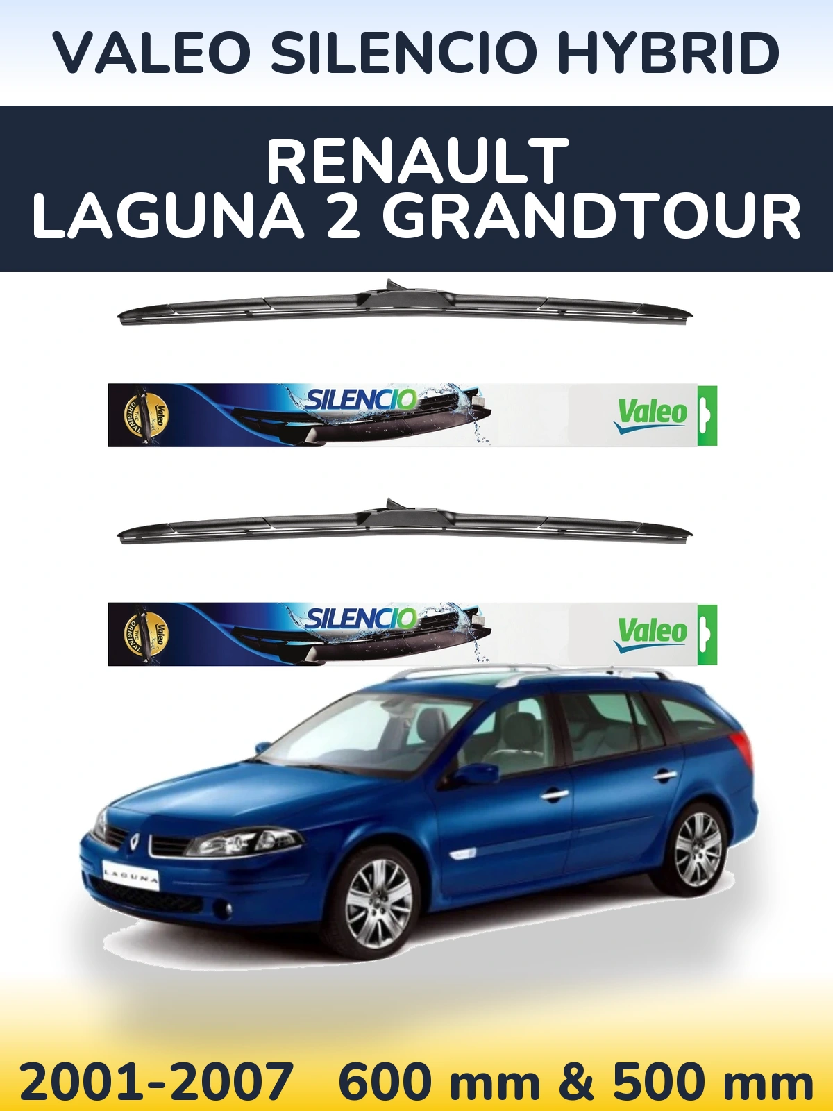 Front wiper blade set Valeo Silencio Hybrid 600 & 500 mm for Renault Laguna 2 Grandtour 2001-2007