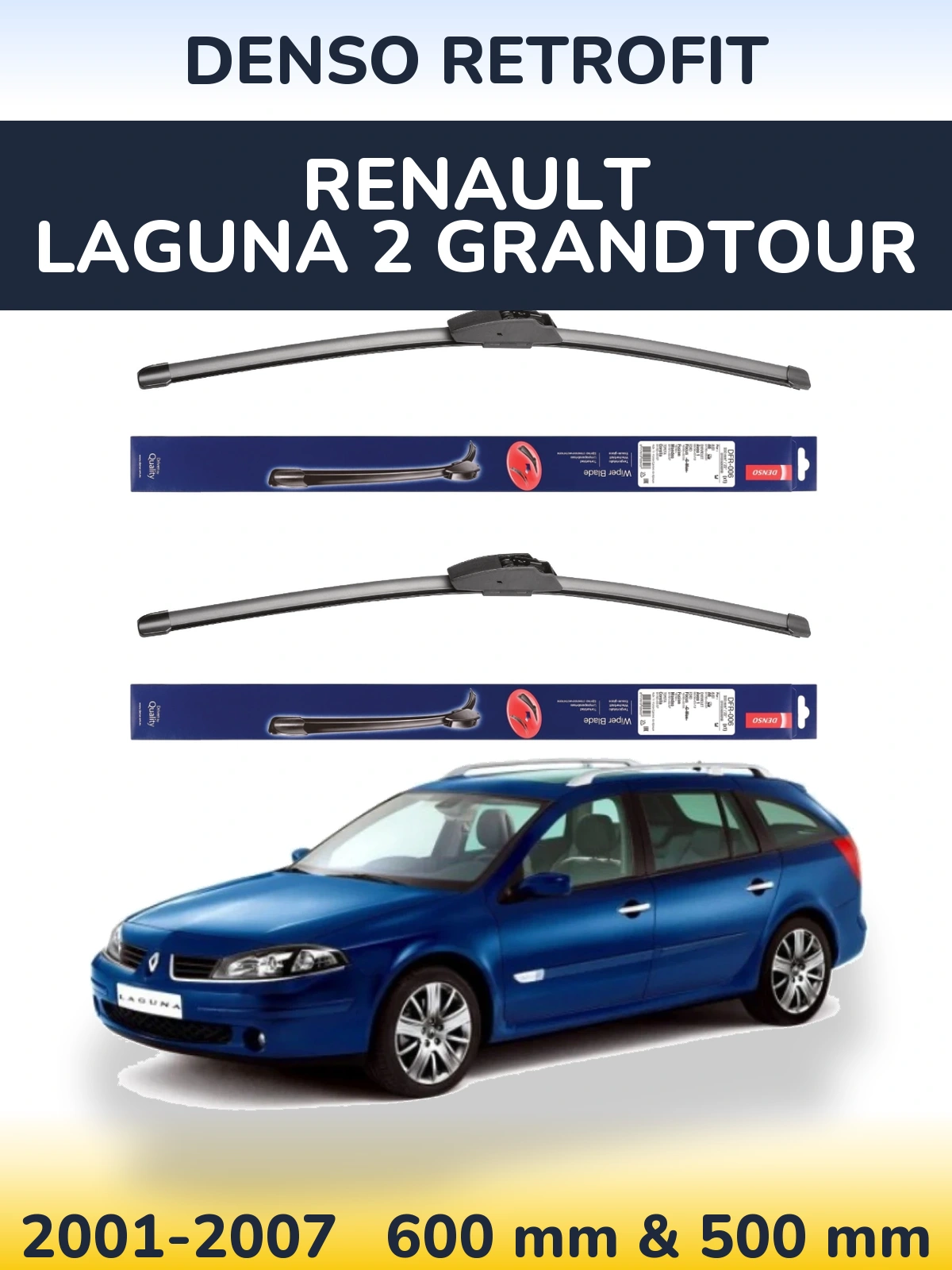 Front wiper blade set Denso Retrofit 600 & 500 mm for Renault Laguna 2 Grandtour 2001-2007