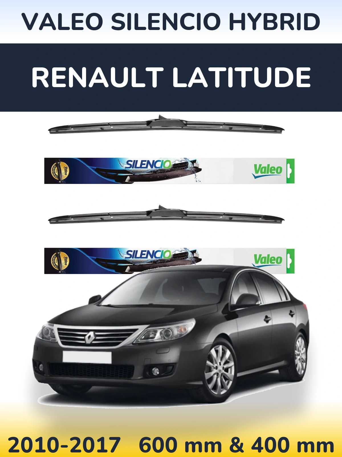 Front wiper blade set Valeo Silencio Hybrid 600 & 400 mm for Renault Latitude 2010-2017