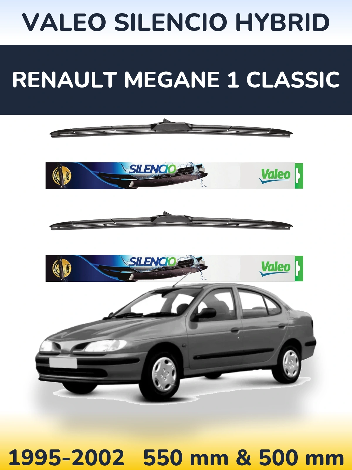 Front wiper blade set Valeo Silencio Hybrid 550 & 500 mm for Renault Megane 1 Classic 1995-2002