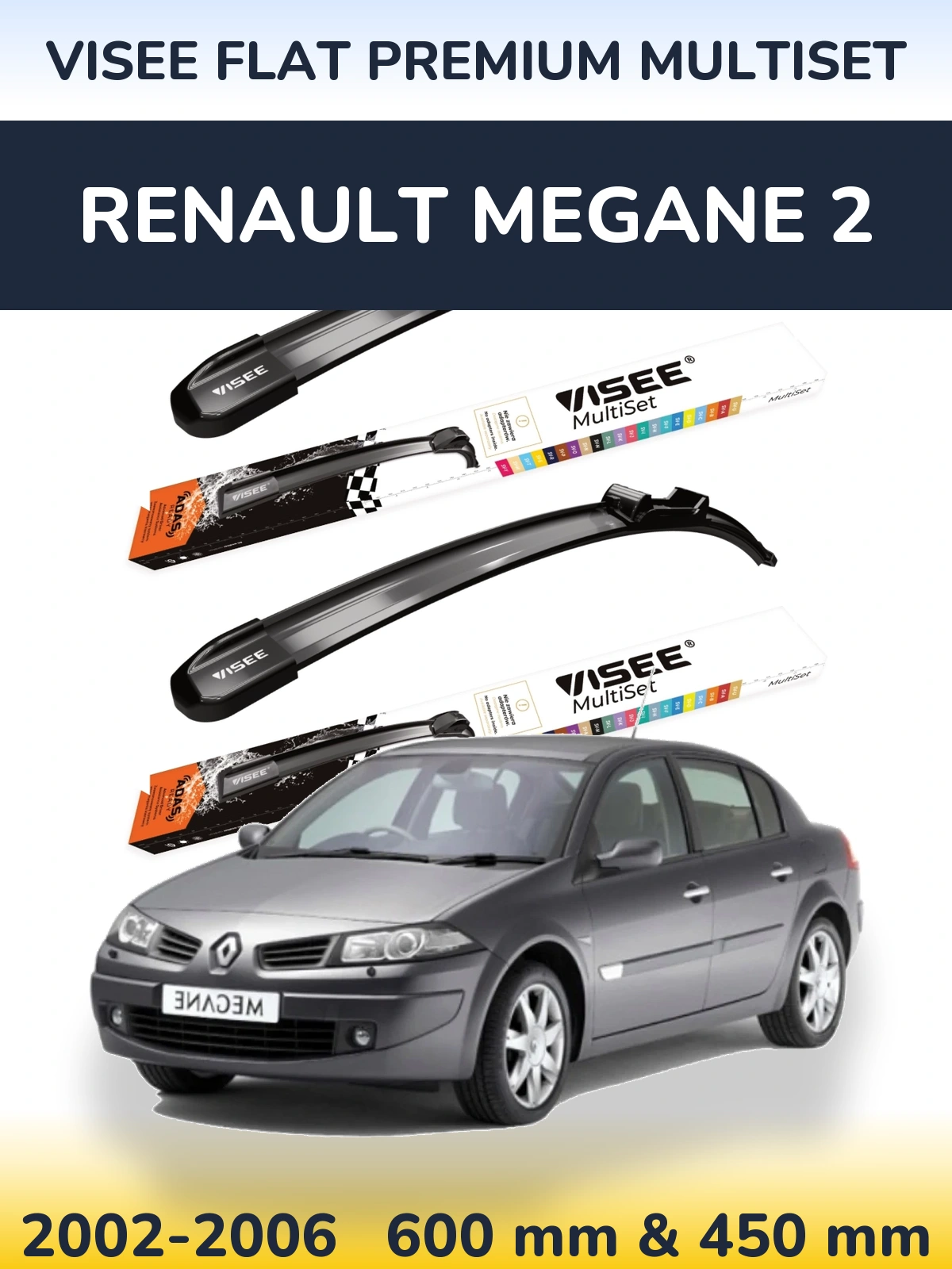 Front wiper blade set VISEE FLAT PREMIUM MultiSet 600 & 450 mm for Renault Megane 2 2002-2006