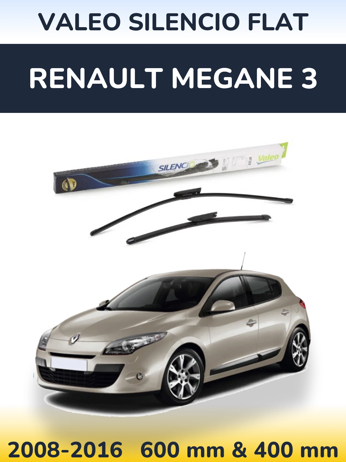 Front wiper blade set Valeo Silencio Flat 600 & 400 mm for Renault Megane 3 2008-2016