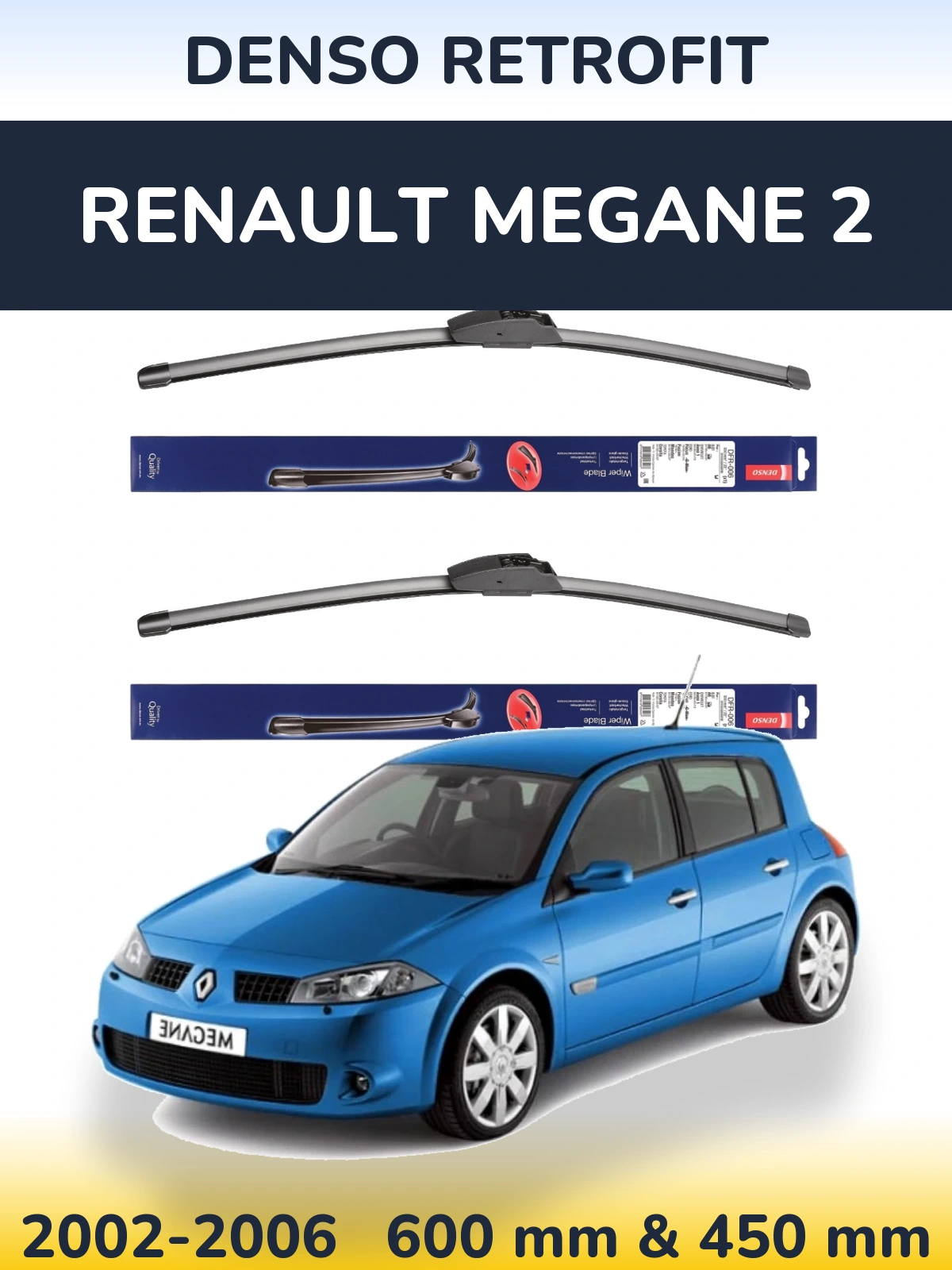 Front wiper blade set Denso Retrofit 600 & 450 mm for Renault Megane 2 2002-2006