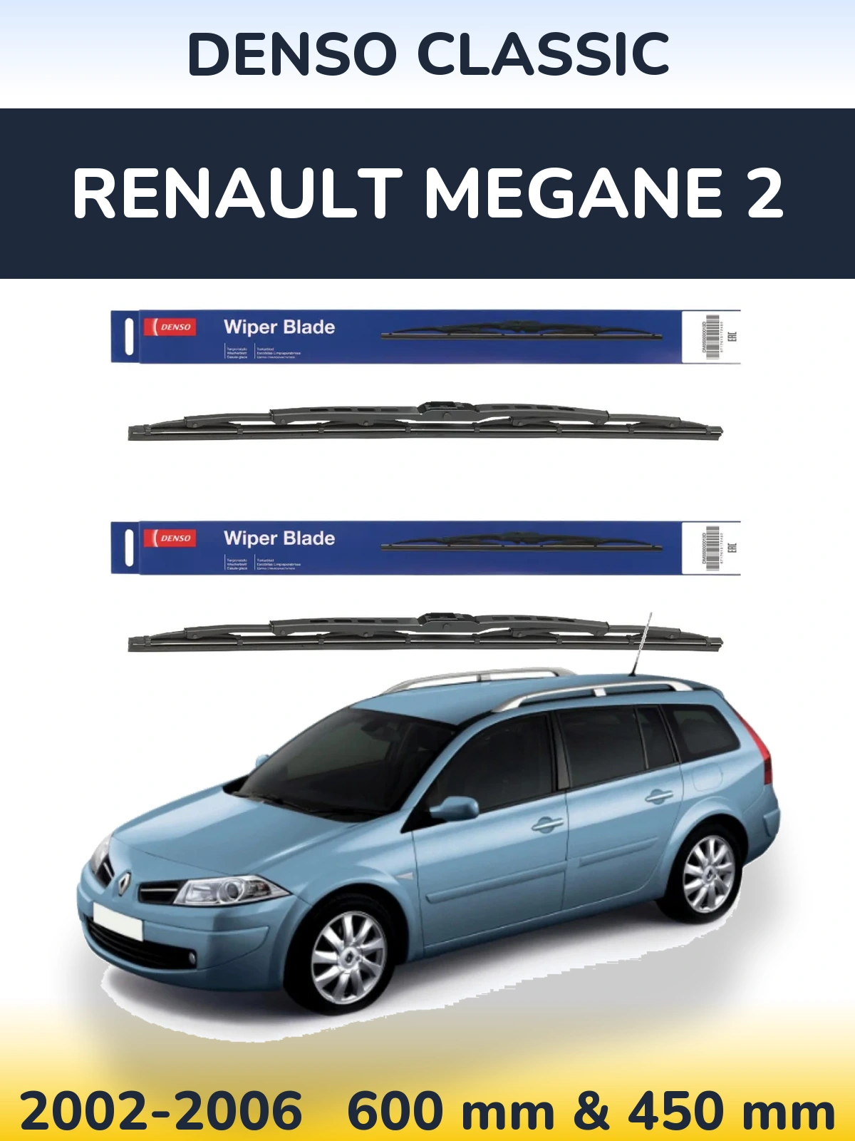 Front wiper blade set Denso Classic 600 & 450 mm for Renault Megane 2 2002-2006