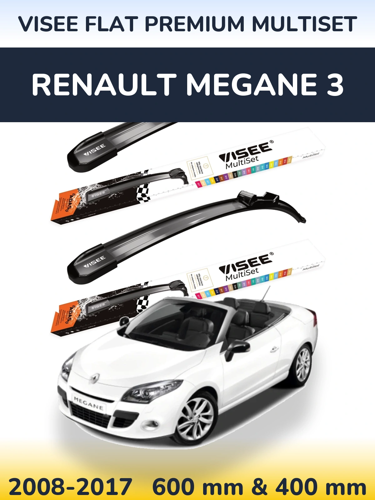 Комплект передніх щіток VISEE FLAT PREMIUM MultiSet 600 & 400 мм для Renault Megane 3 2008-2017