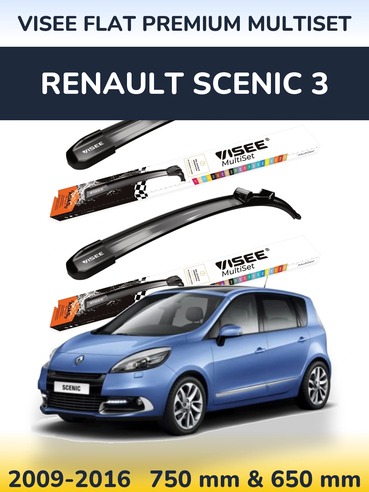 Front wiper blade set VISEE FLAT PREMIUM MultiSet 750 & 650 mm for Renault Scenic 3 2009-2016