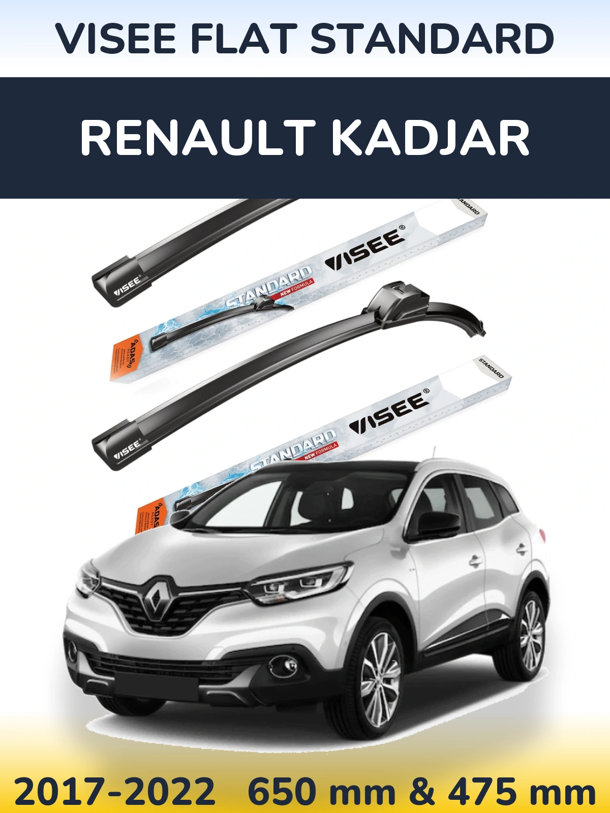 Front wiper blade set VISEE FLAT STANDARD 650 & 475 mm for Renault Kadjar 2017-2022