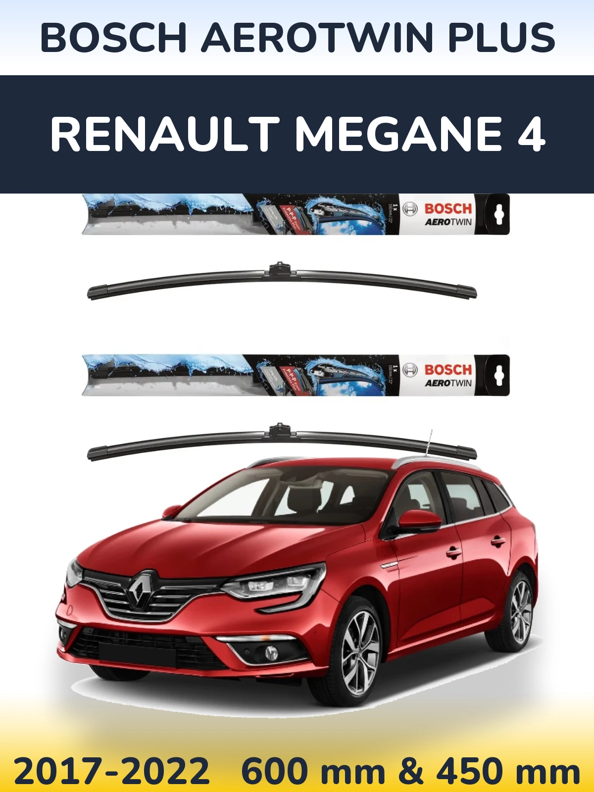 Front wiper blade set BOSCH AeroTwin Plus 600 & 450 mm for Renault Megane 4 2017-2022