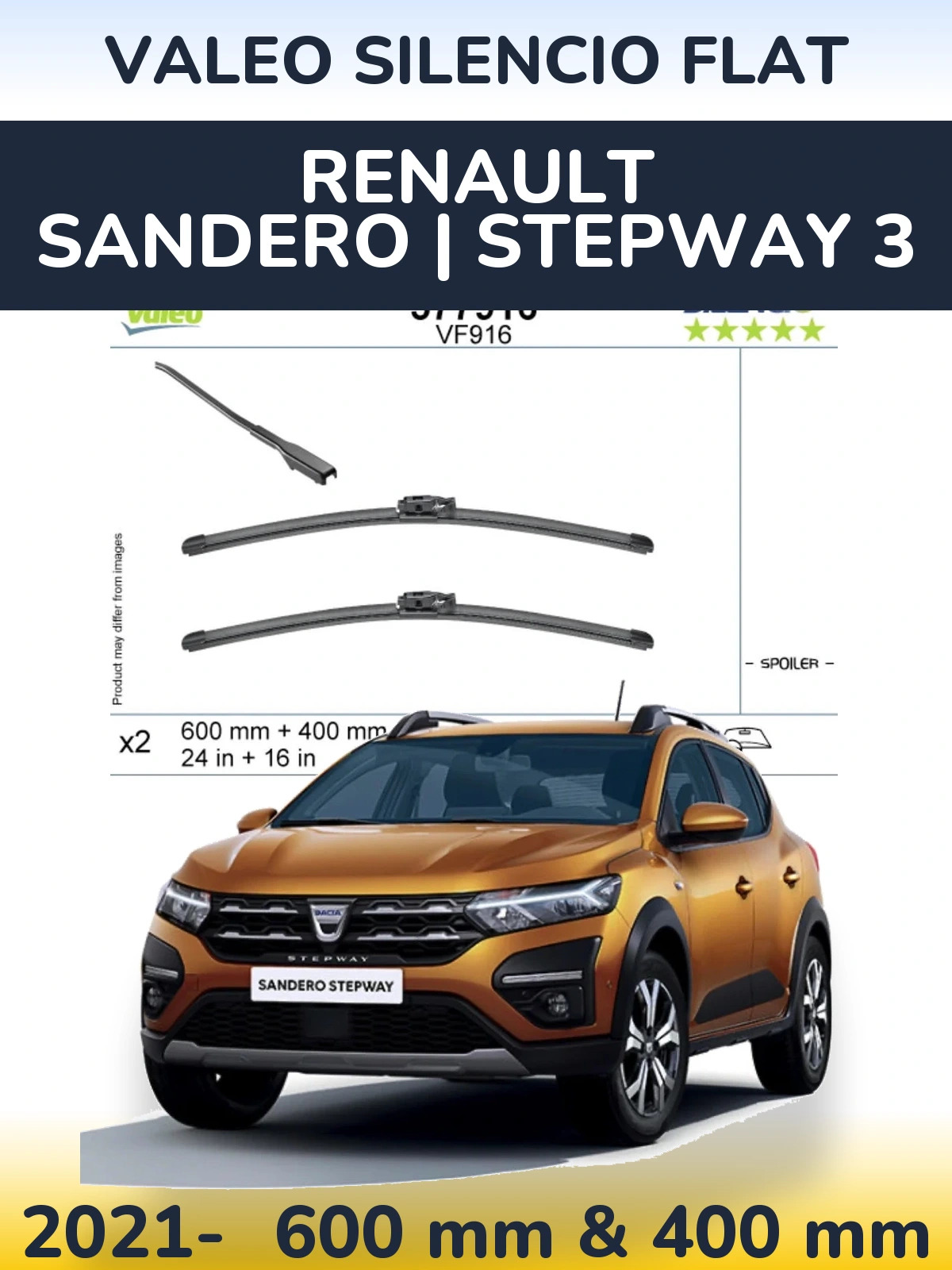 Комплект передніх щіток Valeo Silencio Flat 600 & 400 мм для Renault Sandero | Stepway 3 2021-2026